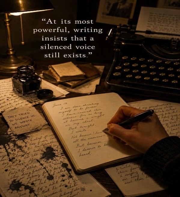 Hand writing in a journal beside a vintage typewriter, symbolizing survivor voices, trauma healing, resilience, and personal storytelling.