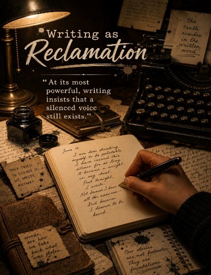 Person writing in a journal beside a vintage typewriter, symbolizing healing, survivor stories, trauma recovery, and self-expression.