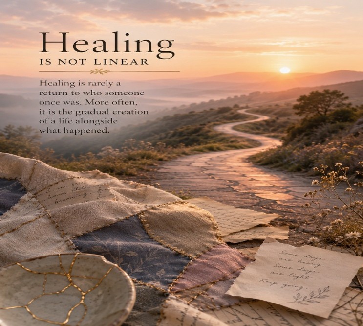 Sunrise over a winding path with an inspiring healing message, symbolizing trauma recovery, resilience, hope, and the journey toward emotional healing.